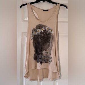 Beige Floral Graphic Tank Top with Daisy Accent